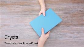  Presentation with giving - Audience pleasing slides consisting of woman giving book to woman backdrop and a light gray colored foreground