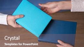  Presentation with giving - Presentation design featuring woman giving book to woman background and a violet colored foreground