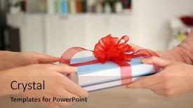  Presentation with gift ribbon - Colorful PPT theme enhanced with woman giving books with ribbon backdrop and a coral colored foreground