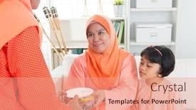  Presentation with hari raya - Amazing PPT layouts having woman-giving-elder-cookies-during backdrop and a coral colored foreground