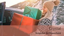  Presentation with winter driving - Slide set consisting of woman-giving-gifts-female background and a  colored foreground