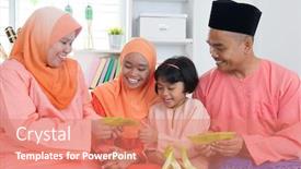  Presentation with hari raya - Theme having woman-giving-green-packet background and a coral colored foreground