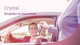  Presentation with car key - Presentation featuring woman giving key to smiling businesswoman in car background and a pink colored foreground