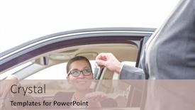  Presentation with car key - Audience pleasing presentation design consisting of woman giving key to smiling businesswoman in car backdrop and a mint green colored foreground