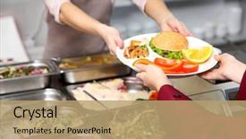  Presentation with school cafeteria - Colorful presentation theme enhanced with woman giving lunch to school backdrop and a coral colored foreground