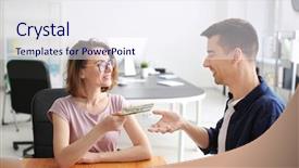  Presentation with forex - Beautiful presentation design featuring woman giving money to man backdrop and a sky blue colored foreground