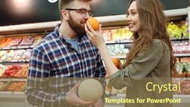  Presentation with smell - Slide deck consisting of woman giving smell orange to her man in supermarket background and a violet colored foreground