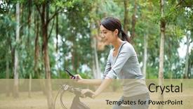  Presentation with cycling - Presentation design with woman go for cycling and use cellphone background and a coral colored foreground