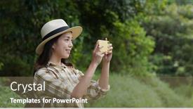  Presentation with mountain hiking - Slide set consisting of woman-go-hiking-and-take background and a violet colored foreground