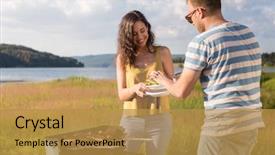 Presentation with grilling - Audience pleasing PPT layouts consisting of woman grilling bratwurst at lakeside backdrop and a gold colored foreground