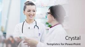  Presentation with team group - Amazing presentation theme having woman group standing in pharmacy backdrop and a white colored foreground