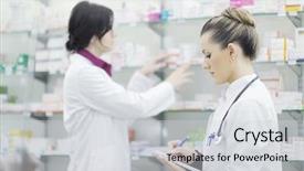  Presentation with team group - PPT theme enhanced with woman group standing in pharmacy background and a light gray colored foreground