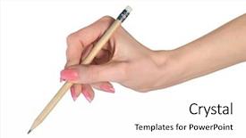  Presentation with hand holding pencil - PPT layouts with white rocking horse on rug in bright child s room with small table and geometric carpet background and a white colored foreground.