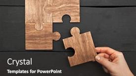  Presentation with connecting - Colorful PPT theme enhanced with woman-hand-connecting-puzzles backdrop and a dark gray colored foreground