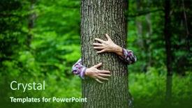  Presentation with save earth - Audience pleasing presentation theme consisting of woman-hand-embracing-a-tree backdrop and a forest green colored foreground