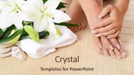  Presentation with mobile phone in woman hand - Presentation enhanced with woman hand feet with manicure background and a lemonade colored foreground