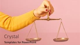  Presentation with balance - Presentation design consisting of woman-hand-holding-a-balance background and a coral colored foreground