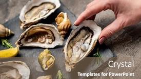  Presentation with black hand - Slide deck having woman-hand-holding-fresh-oyster background and a coral colored foreground