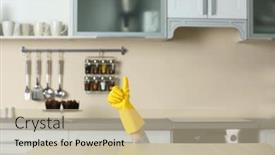  Presentation with yes - Slides consisting of woman hand in yellow rubber glove gesturing ok yes behind kitchen counter background and a soft green colored foreground