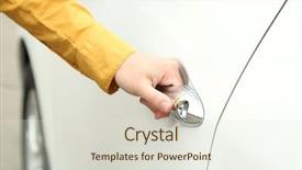  Presentation with car door - Slides enhanced with woman hand opening car door close up background and a sky blue colored foreground