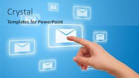  Presentation with mail - Colorful PPT theme enhanced with woman-hand-pressing-e-mail backdrop and a light blue colored foreground