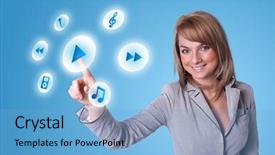  Presentation with media - Slide deck consisting of woman hand pressing media player background and a  colored foreground