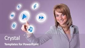  Presentation with play - Slide deck featuring woman hand pressing play button background and a mint green colored foreground