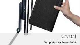  Presentation with book - Theme featuring woman-hand-put-book background and a light gray colored foreground