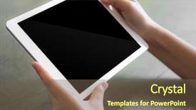  Presentation with touch screen - Theme consisting of woman hand touch white tablet background and a tawny brown colored foreground