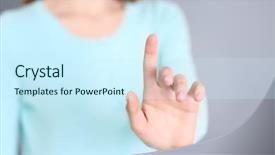  Presentation with virtual hand - Amazing presentation theme having woman hand touching virtual screen on grey background backdrop and a cool aqua colored foreground