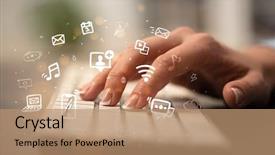  Presentation with woman business - PPT theme featuring woman hand typing on keyboard background and a coral colored foreground