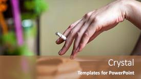  Presentation with mobile phone in woman hand - Presentation theme consisting of woman-hand-with-a-cigarette background and a coral colored foreground