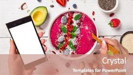  Presentation with healthy breakfast - PPT theme with woman hand with cell phone background and a coral colored foreground