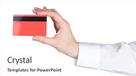  Presentation with credit card icon - PPT theme with woman hand with credit card background and a white colored foreground