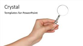  Presentation with detective magnifying glass - Theme having woman hand with magnifying glass background and a  colored foreground