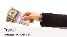  Presentation with woman hands raised to sky - Presentation design enhanced with woman handing over hundreds of dollars isolated on a white background background and a lemonade colored foreground