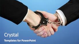  Presentation with woman covering man mouth hand - Colorful presentation design enhanced with woman hands and breaking handcuff backdrop and a teal colored foreground