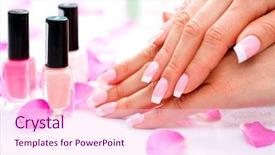  Presentation with nails manicure - Colorful presentation design enhanced with woman hands closeup manicured nails backdrop and a pink colored foreground