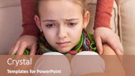  Presentation with woman sad - Colorful presentation theme enhanced with woman-hands-conforting-troubled backdrop and a coral colored foreground