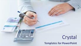  Presentation with business report - Slide set enhanced with woman hands counting euro background and a sky blue colored foreground