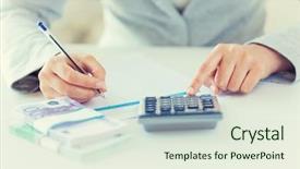  Presentation with business report - PPT layouts consisting of woman hands counting euro background and a sky blue colored foreground