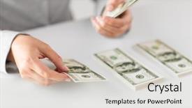  Presentation with hands saving - PPT theme with woman hands counting us dollar background and a light gray colored foreground