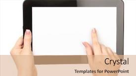  Presentation with tablet - Beautiful presentation theme featuring woman hands holding a tablet backdrop and a coral colored foreground