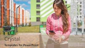  Presentation with power bank - Slide deck having woman hands holding black smartphone charging battery from external power bank background and a coral colored foreground