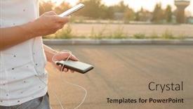  Presentation with power bank - Beautiful slide deck featuring holding black smartphone charging battery backdrop and a coral colored foreground