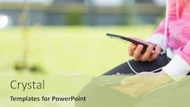  Presentation with power bank - Cool new presentation theme with portable charger - woman hands holding black smartphone backdrop and a soft green colored foreground