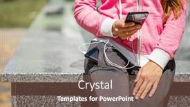  Presentation with power bank - Presentation enhanced with woman hands holding black smartphone charging battery from external power bank background and a violet colored foreground