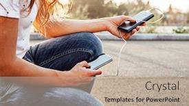  Presentation with power bank - Audience pleasing slide deck consisting of woman-hands-holding-black-smartphone backdrop and a coral colored foreground