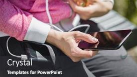  Presentation with black hands - Presentation theme enhanced with woman-hands-holding-black-smartphone background and a dark gray colored foreground