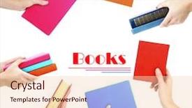  Presentation with hands holding - Cool new presentation theme with woman hands holding different books backdrop and a  colored foreground